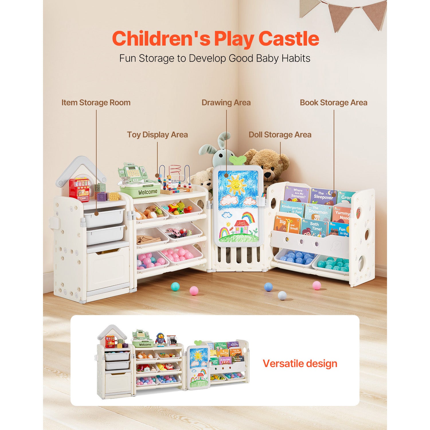 White Gray Kids Toy Storage Shelf with Bookshelf & Drawing Board