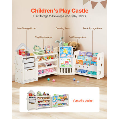 White Gray Kids Toy Storage Shelf with Bookshelf & Drawing Board