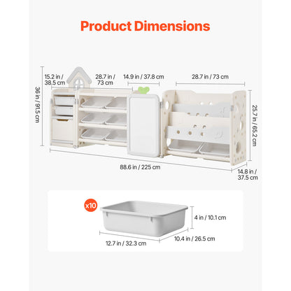 White Gray Kids Toy Storage Shelf with Bookshelf & Drawing Board