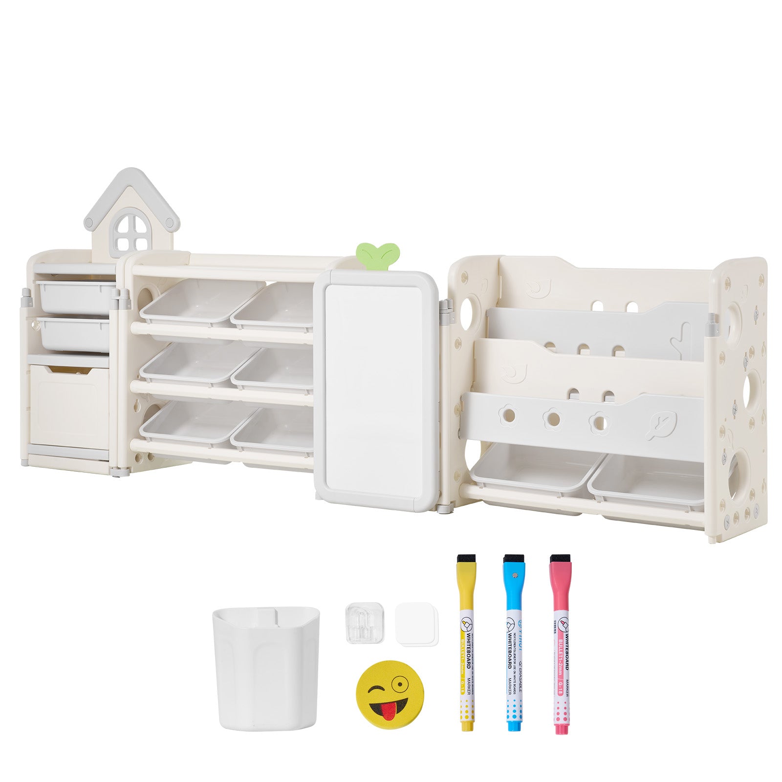 White Gray Kids Toy Storage Shelf with Bookshelf & Drawing Board