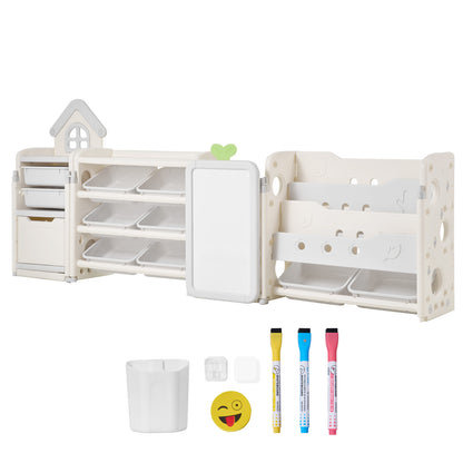 White Gray Kids Toy Storage Shelf with Bookshelf & Drawing Board