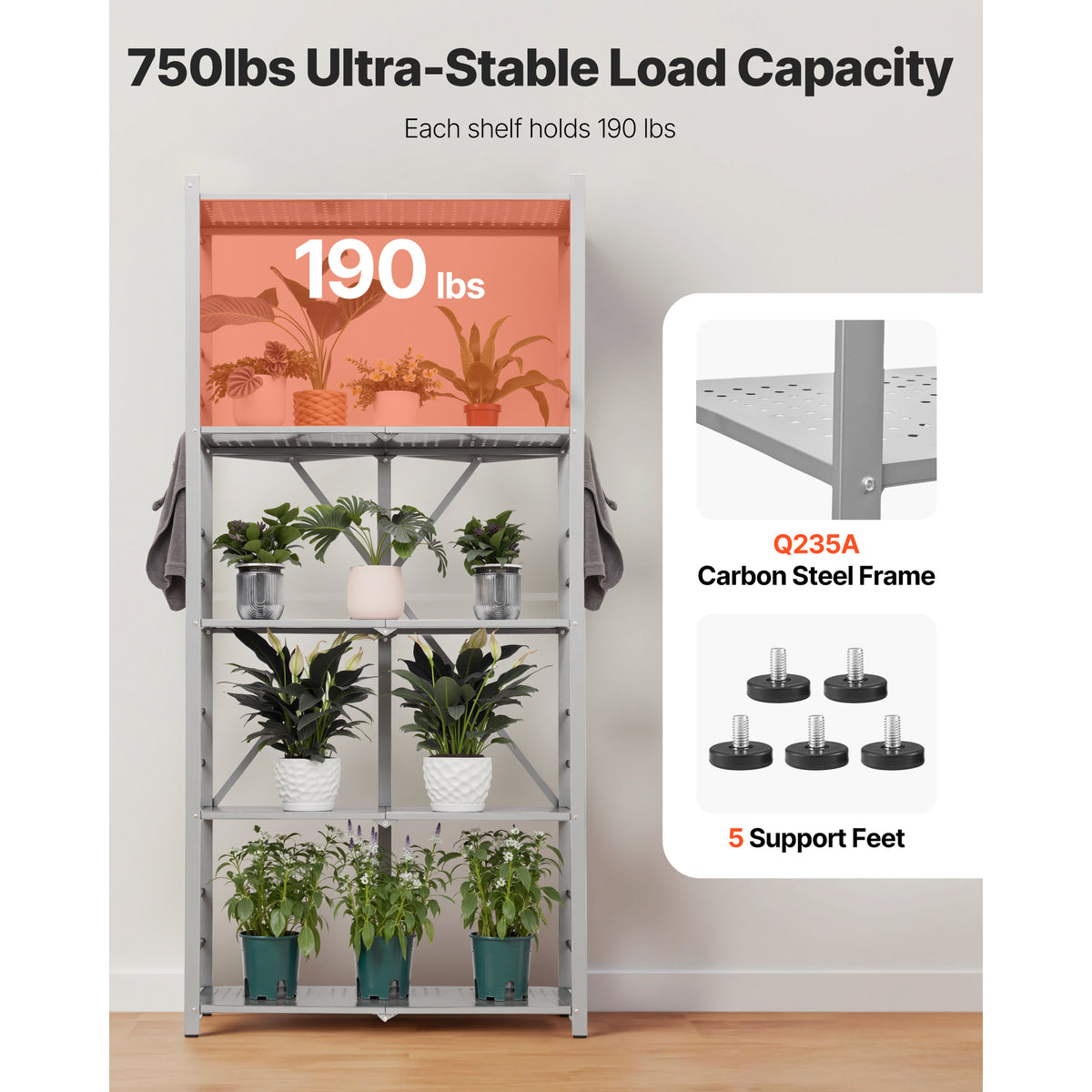 5-Tier Folding Shelf with Wheels - Gray Steel Storage Unit for Living Room