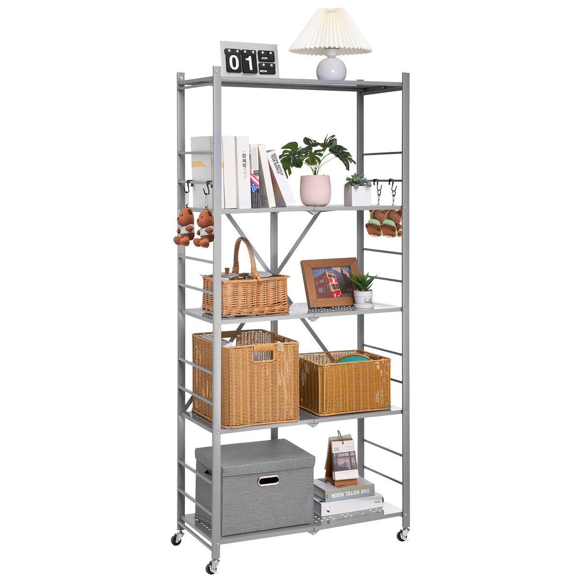 5-Tier Folding Shelf with Wheels - Gray Steel Storage Unit for Living Room