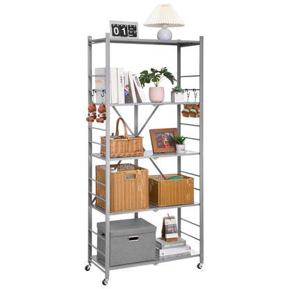 5-Tier Folding Shelf with Wheels - Gray Steel Storage Unit for Living Room