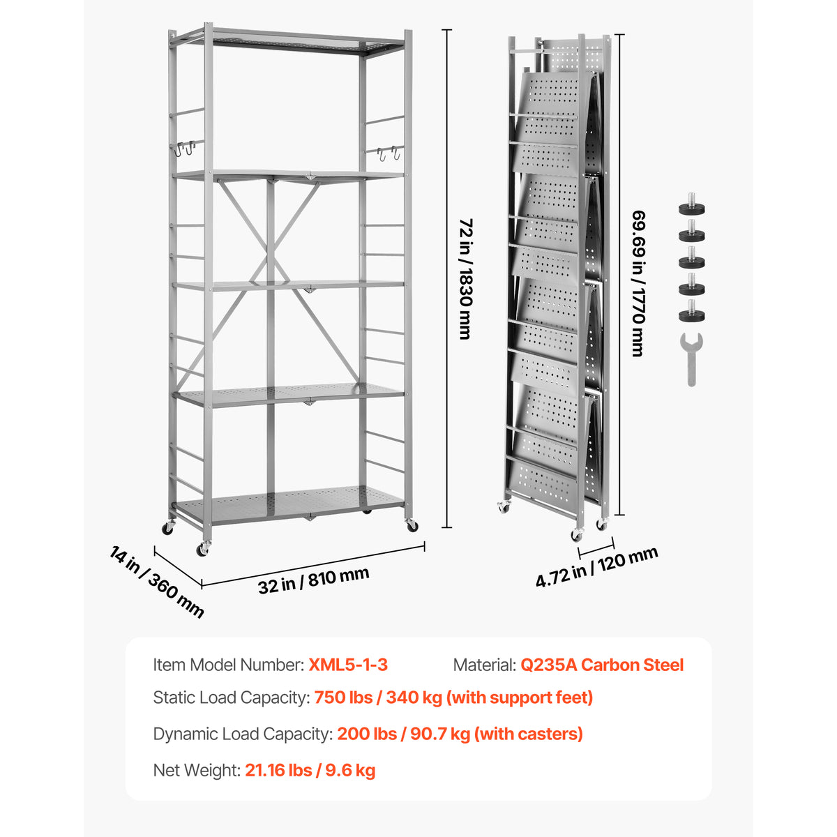 5-Tier Folding Shelf with Wheels - Gray Steel Storage Unit for Living Room