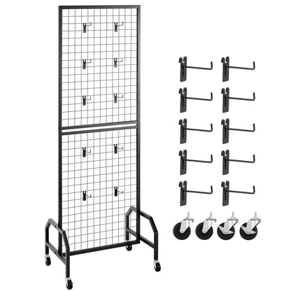 Grid Wall Panel 1.9 x 5.4 ft Wire Display Rack with Wheels and 10 Hooks