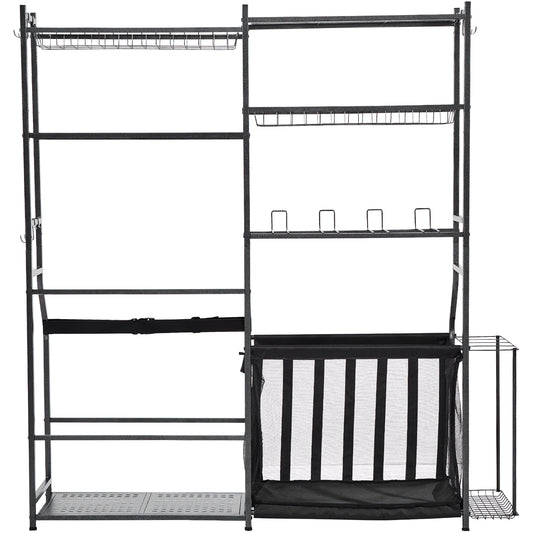 Golf Storage Garage Organizer, 2 Golf Bag Storage Stand Holder and Other Sports Equipment Storage Rack, Outdoor Steel Ball Cart, Sports Gear and Toys Storage Shelves with Baskets & Hooks, Black