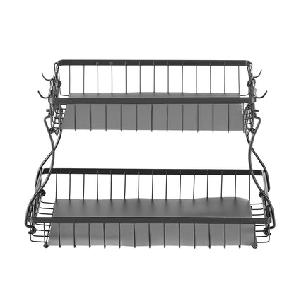 2 Tier Iron Fruit Basket - Black Storage Stand for Living Room