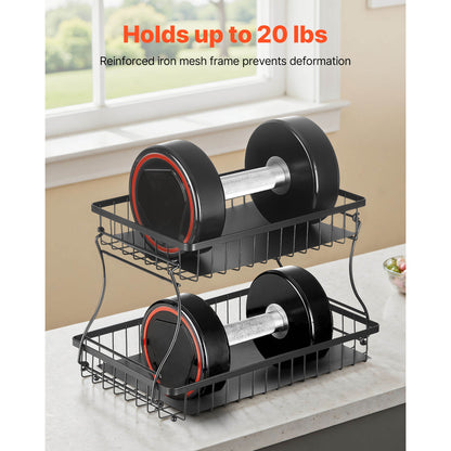 2 Tier Iron Fruit Basket - Black Storage Stand for Living Room