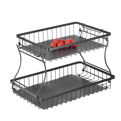 2 Tier Iron Fruit Basket - Black Storage Stand for Living Room