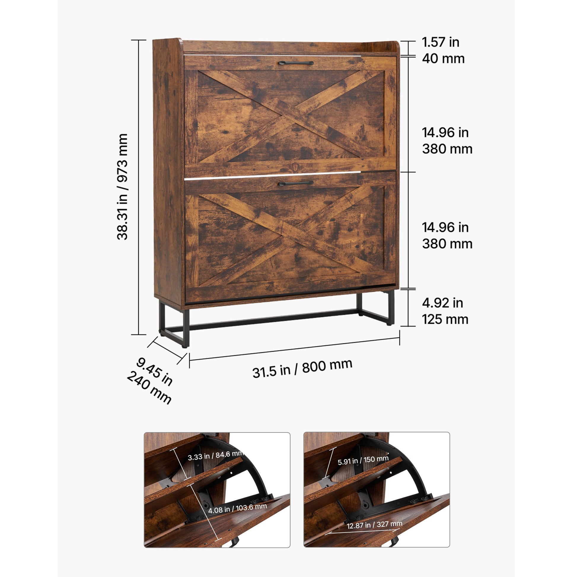 Farmhouse Shoe Cabinet - 2 Flip Drawers, Brown Iron