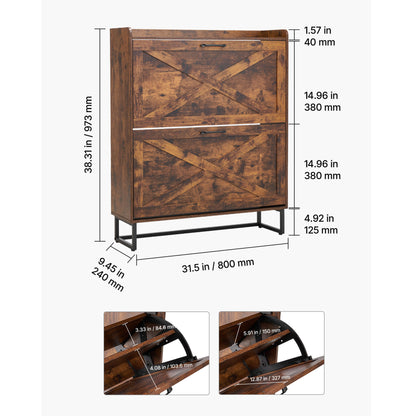 Farmhouse Shoe Cabinet - 2 Flip Drawers, Brown Iron