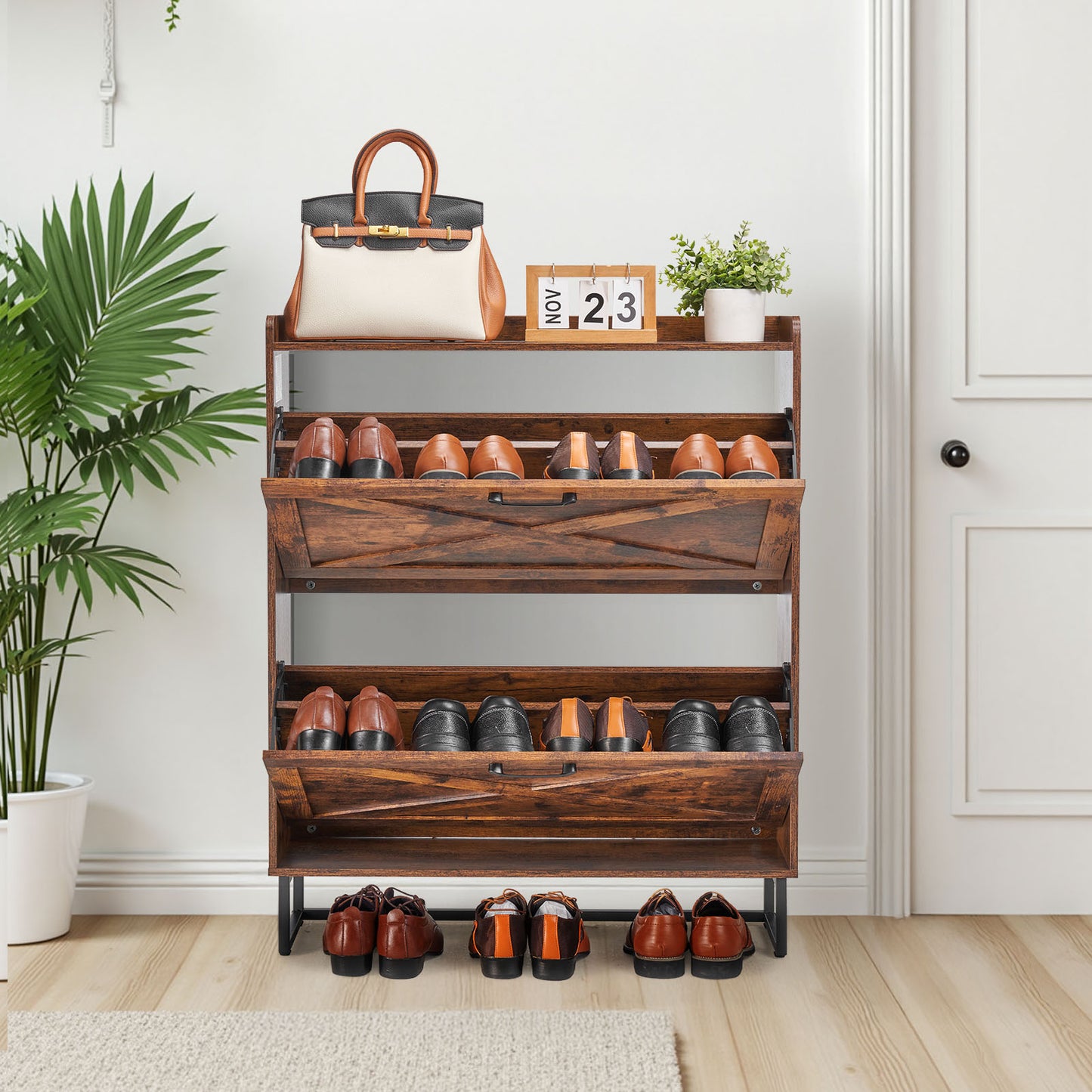 Farmhouse Shoe Cabinet - 2 Flip Drawers, Brown Iron