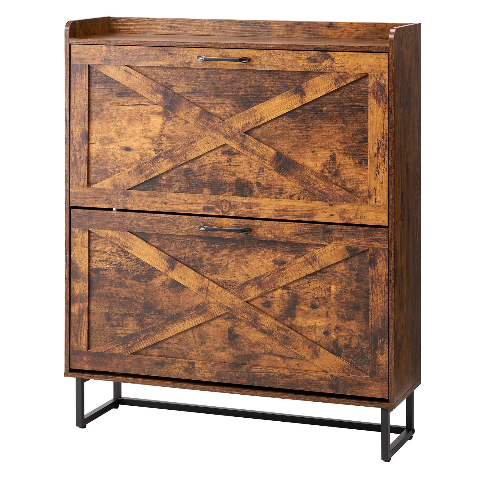 Farmhouse Shoe Cabinet - 2 Flip Drawers, Brown Iron