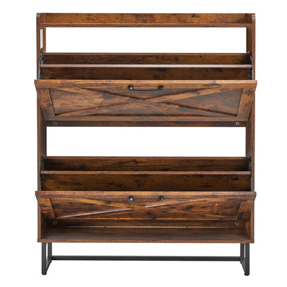 Farmhouse Shoe Cabinet - 2 Flip Drawers, Brown Iron
