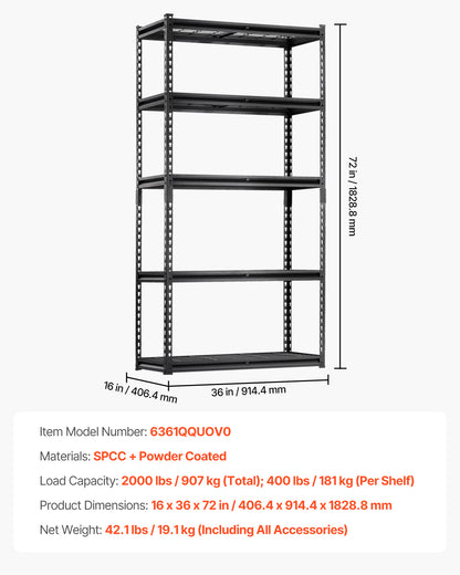5 Tier Adjustable Heavy Duty Garage Shelving Units - 2000 lbs Capacity