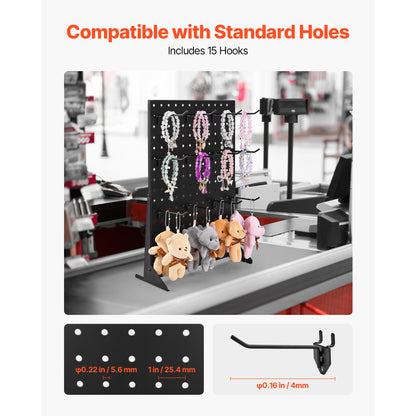 Pegboard Display Stand - 15 Hooks Black Steel Storage Shelf