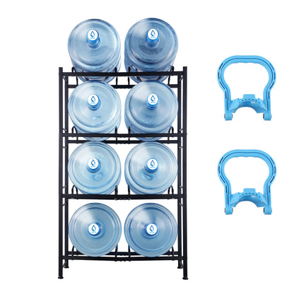 4 Tiers Water Jug Holder Double Row Water Bottle Rack for 8 Bottles Black