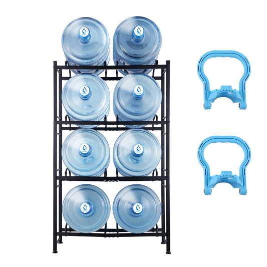 4 Tiers Water Jug Holder Double Row Water Bottle Rack for 8 Bottles Black