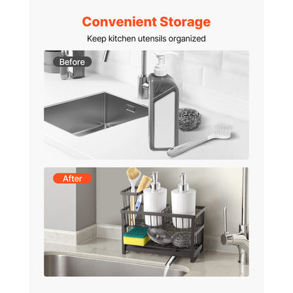 Black Carbon Steel Sink Caddy Organizer for Family Kitchen Storage