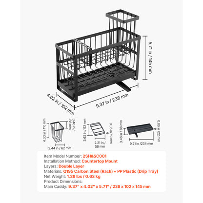 Black Carbon Steel Sink Caddy Organizer for Family Kitchen Storage
