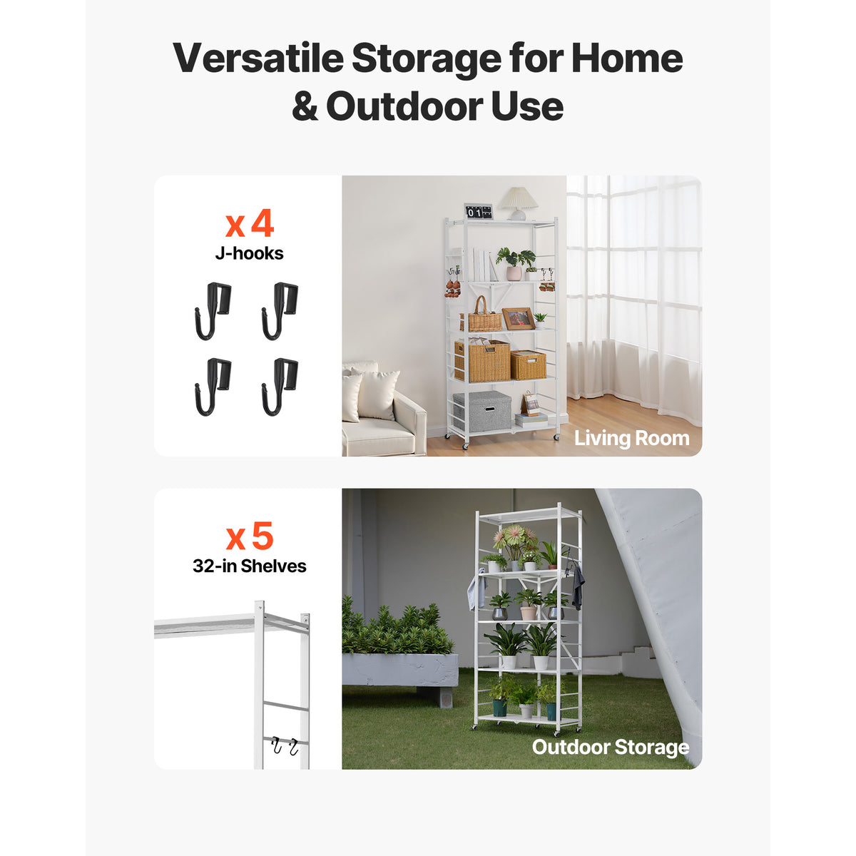 5-Tier Folding Storage Shelf with Wheels - White for Living Room
