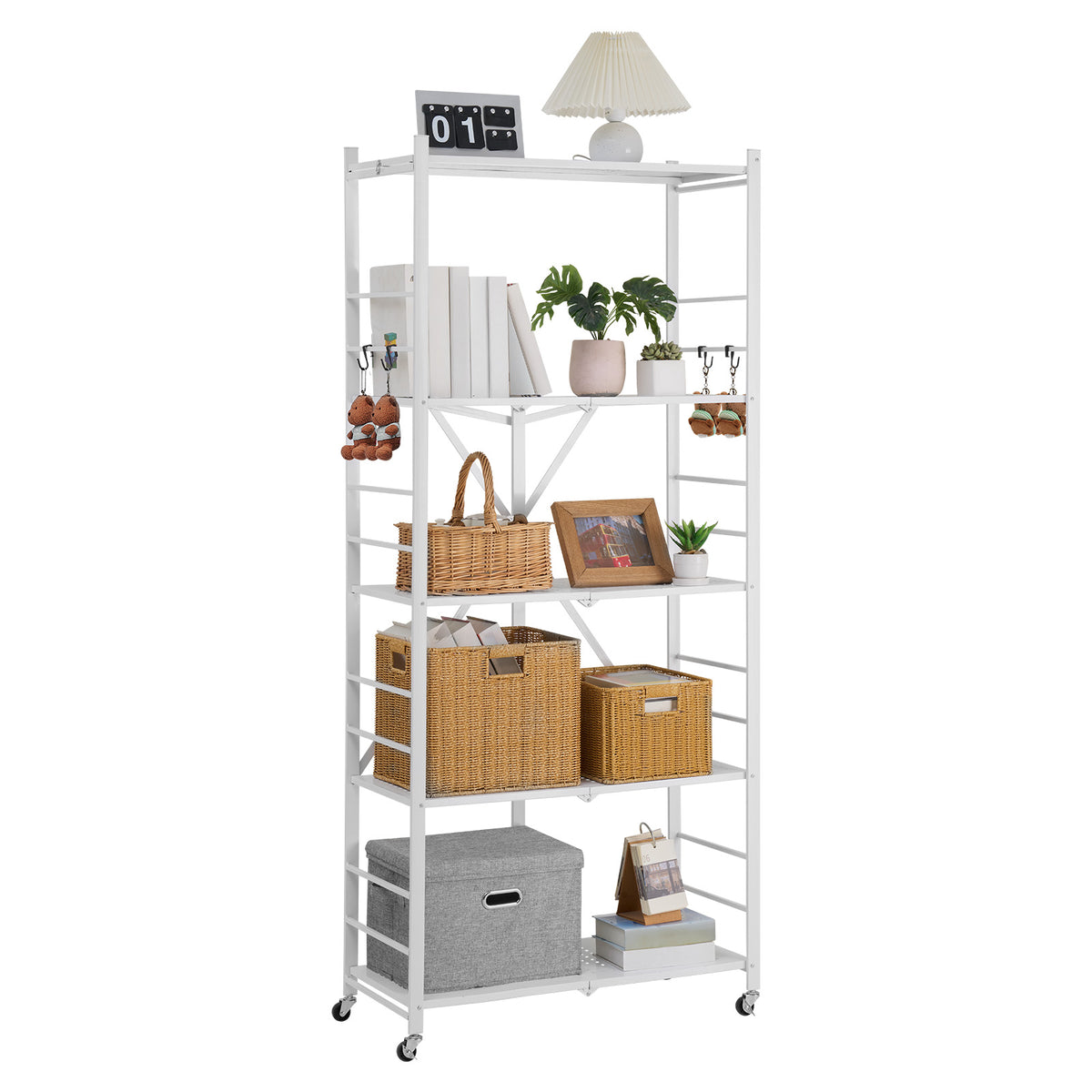 5-Tier Folding Storage Shelf with Wheels - White for Living Room