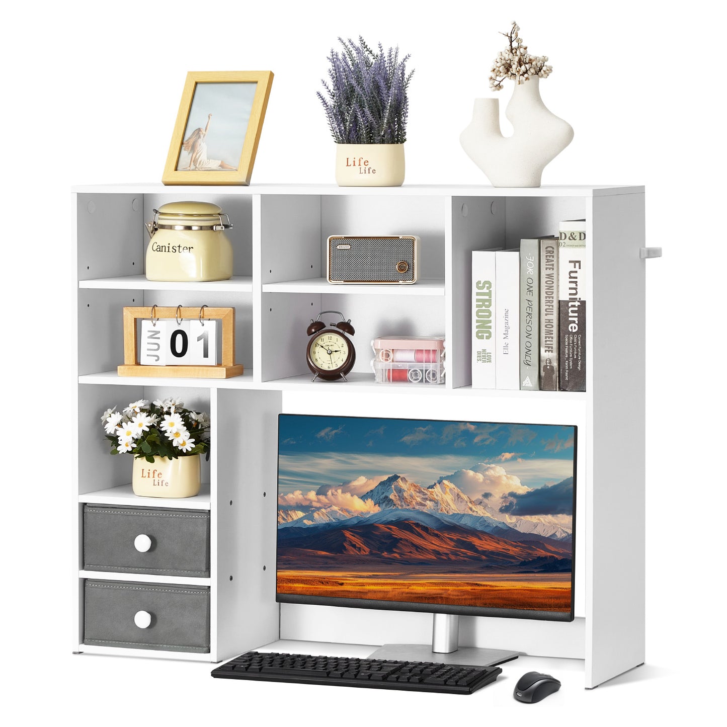 Desktop Bookshelf, 3-Tier Desktop Storage Organizer, 37" x 10" x 31.1" Office Storage Rack Wood Display Shelf, Desktop Bookshelf Hutch with Two Fabric Drawers, for Office, Home & Dorm, White