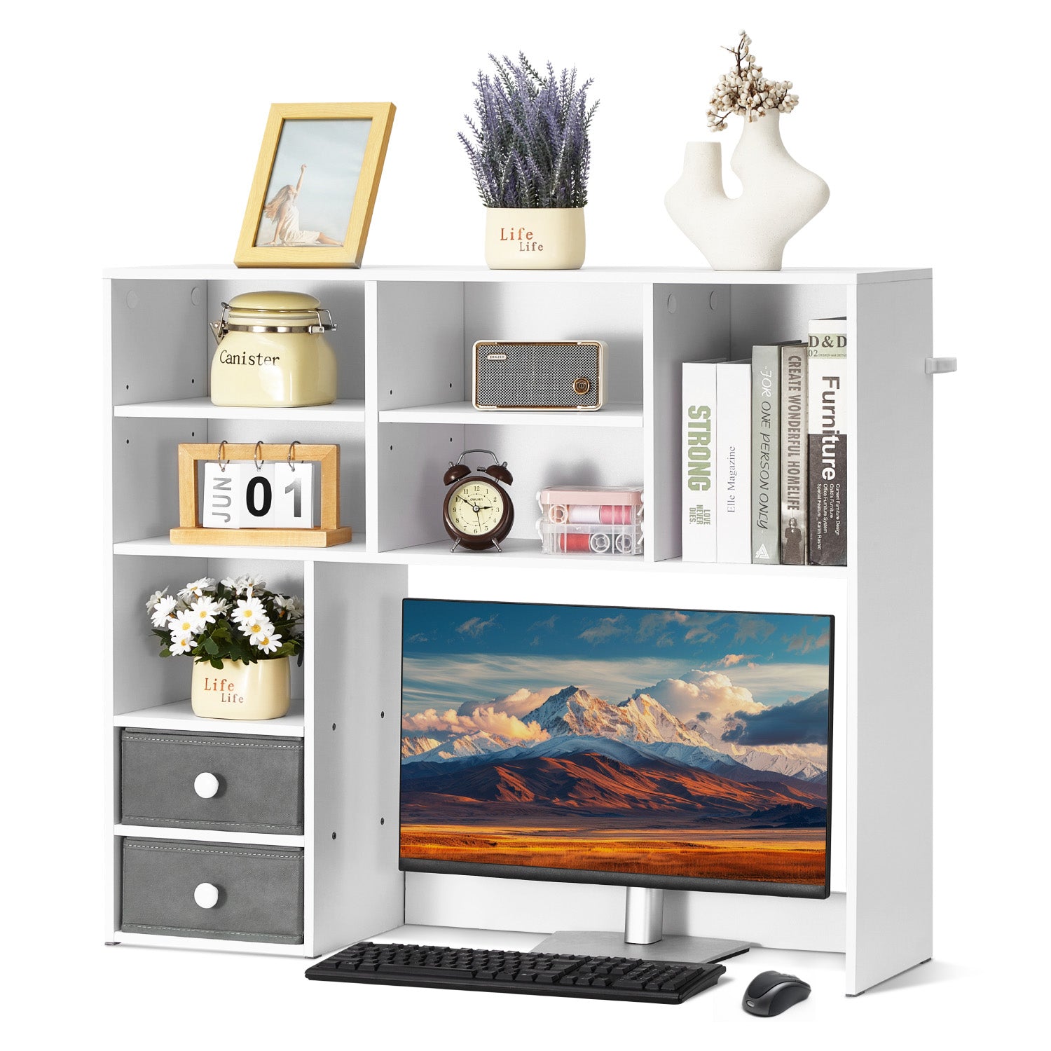 Desktop Bookshelf, 3-Tier Desktop Storage Organizer, 37" x 10" x 31.1" Office Storage Rack Wood Display Shelf, Desktop Bookshelf Hutch with Two Fabric Drawers, for Office, Home & Dorm, White