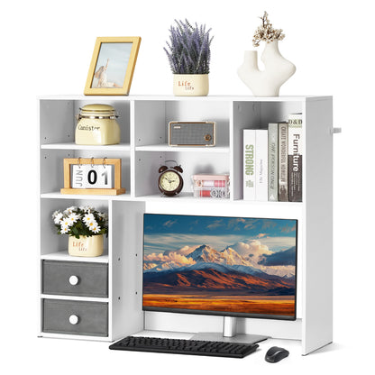 Desktop Bookshelf, 3-Tier Desktop Storage Organizer, 37" x 10" x 31.1" Office Storage Rack Wood Display Shelf, Desktop Bookshelf Hutch with Two Fabric Drawers, for Office, Home & Dorm, White