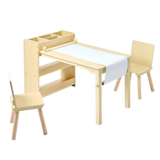 Kids Art Table and Chair Set, Toddler Craft Table with 3 Tiers Storage Cabinet, Wooden Kids Activity Play Desk with 2 Chairs, Craft Play Desk for Reading, Learning, Drawing, Writing, Light Wood
