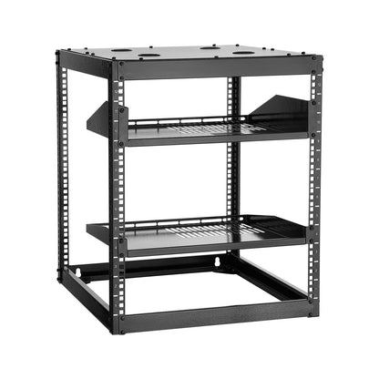 12U Open Frame Network Rack, 23 in Depth, Wall Mounted or Floor Standing Server Rack, Heavy Duty 4 Post, with Vented Shelves & Mounting Hardware, Holds All Your Networking IT Equipment AV Gear