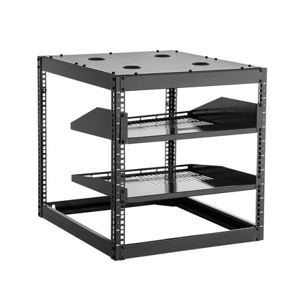 10U Open Frame Network Rack, 23 in Depth, Wall Mounted or Floor Standing Server Rack, Heavy Duty 4 Post, with Vented Shelves & Mounting Hardware, Holds All Your Networking IT Equipment AV Gear