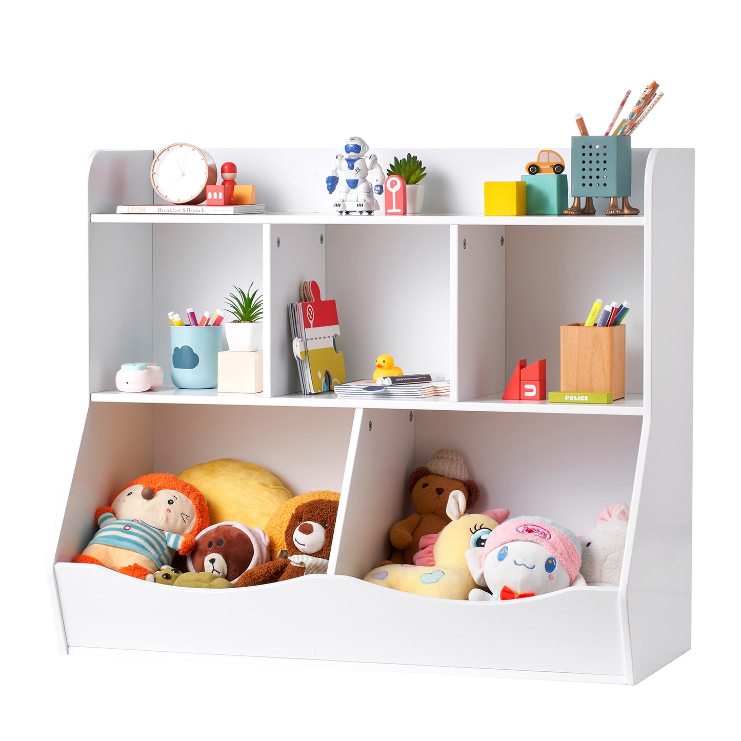 Wood Kid Storage Cubby, Toy Storage Organizer with Bookshelf, 5-Cubby Wood Toy Storage Cabinet, Children Book Toy Shelf for Kids Room, Playroom, Kindergarten, Nursery, White