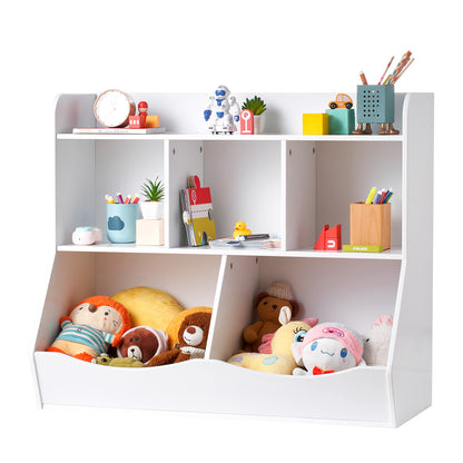 Wood Kid Storage Cubby, Toy Storage Organizer with Bookshelf, 5-Cubby Wood Toy Storage Cabinet, Children Book Toy Shelf for Kids Room, Playroom, Kindergarten, Nursery, White