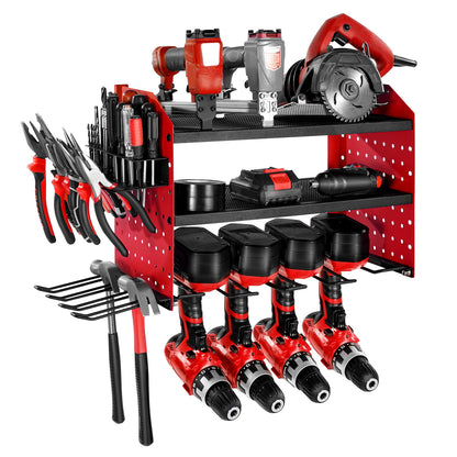 Power Tool Organizer Wall Mount, 3-Layer Storage Rack with 4 Drill Holders, Tools Holder and Storage Rack with Side Pegboards, Garage Tool Organizer for Garage, Workbench, and Workshop