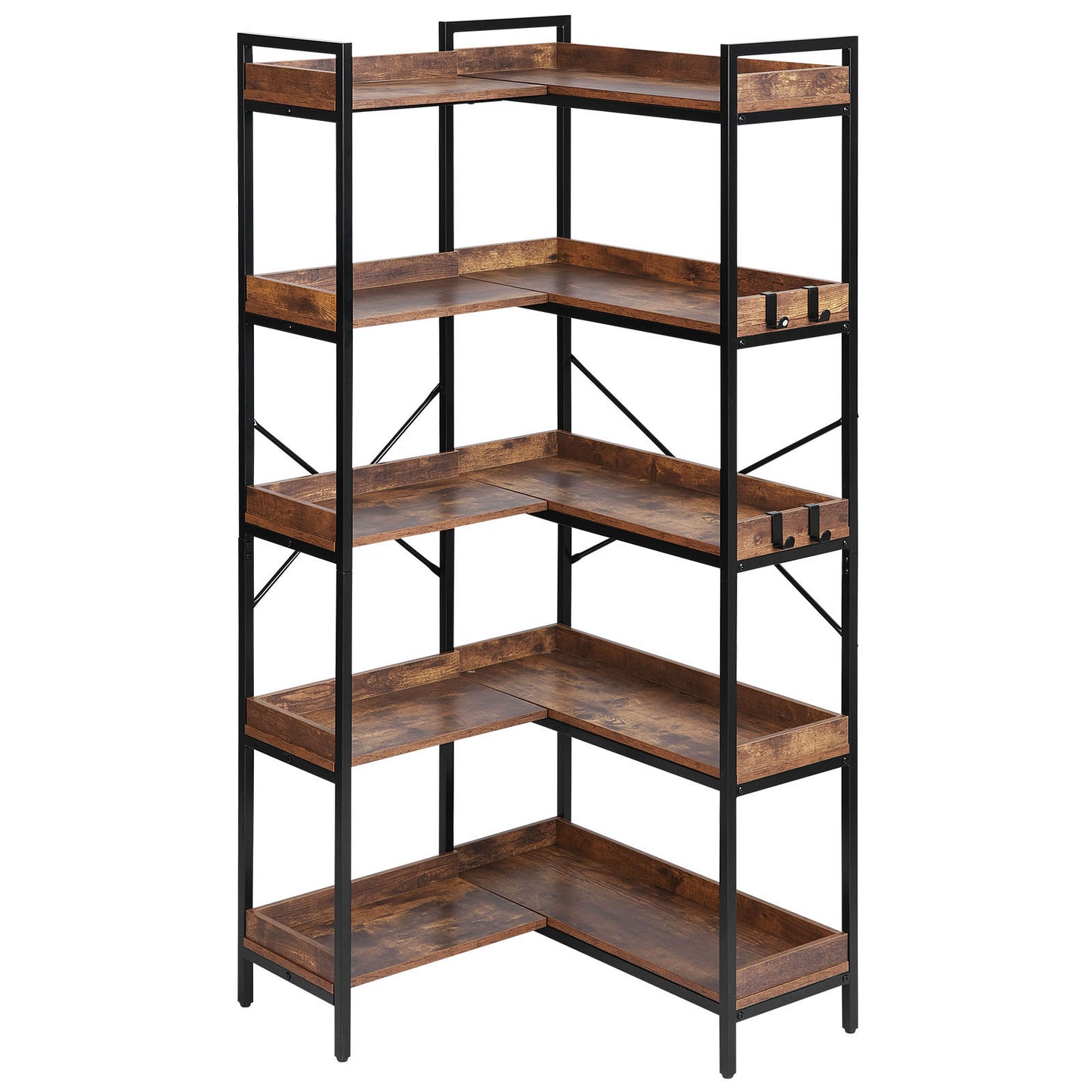 5 Tier Corner Bookshelf Tall Corner Bookcase with 4 Hooks L-Shaped Storage