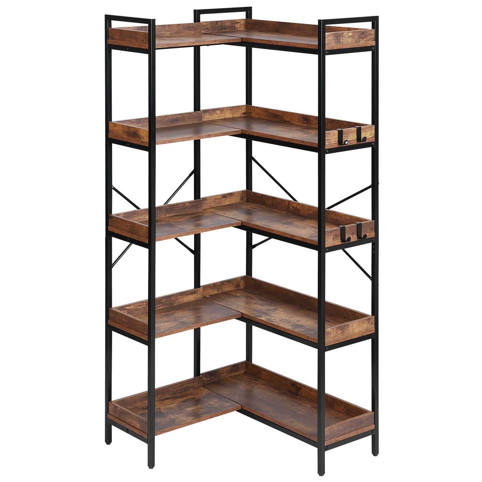 5 Tier Corner Bookshelf Tall Corner Bookcase with 4 Hooks L-Shaped Storage