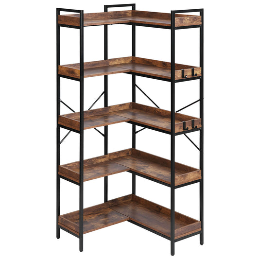 5 Tier Corner Bookshelf Tall Corner Bookcase with 4 Hooks L-Shaped Storage
