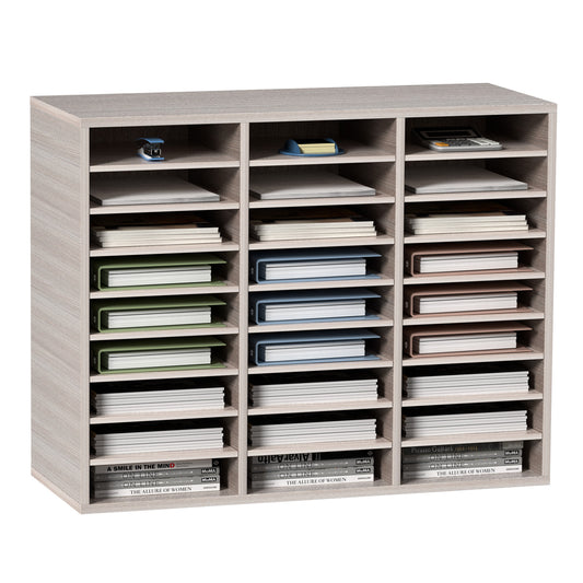 27 Compartments Wood Literature Organizer, Adjustable Shelves, Medium Density Fiberboard Mail Center, Office Home School Storage for Files, Documents, Papers, Magazines, Grey