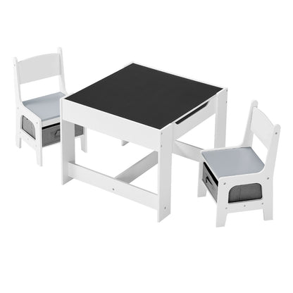 Kids Table and 2 Chairs Set, Toddler Table and Chair Set with Storage Space under the Table, Cloth Storage Box under the Chairs, Wooden Desk for Art, Craft, Reading, Learning, Drawing, White