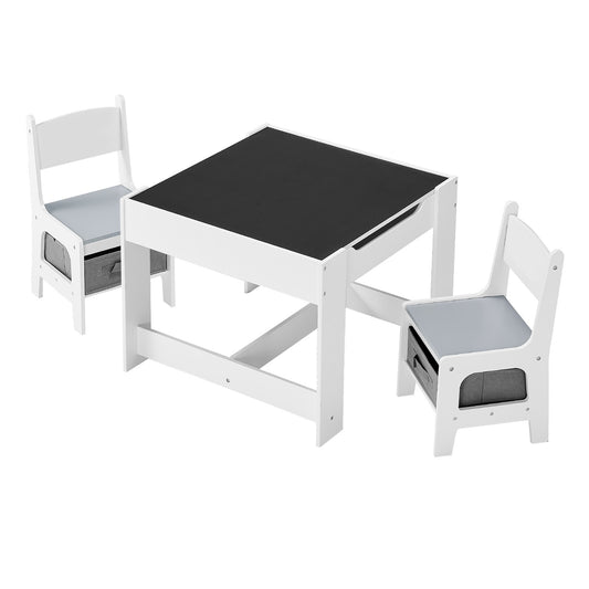 Kids Table and 2 Chairs Set, Toddler Table and Chair Set with Storage Space under the Table, Cloth Storage Box under the Chairs, Wooden Desk for Art, Craft, Reading, Learning, Drawing, White