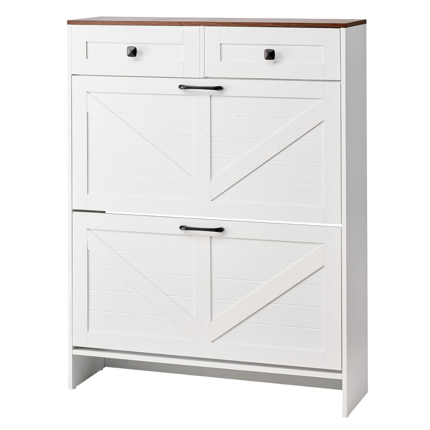 White+Walnut Farmhouse Shoe Cabinet - 2 Drawers, Storage Organizer