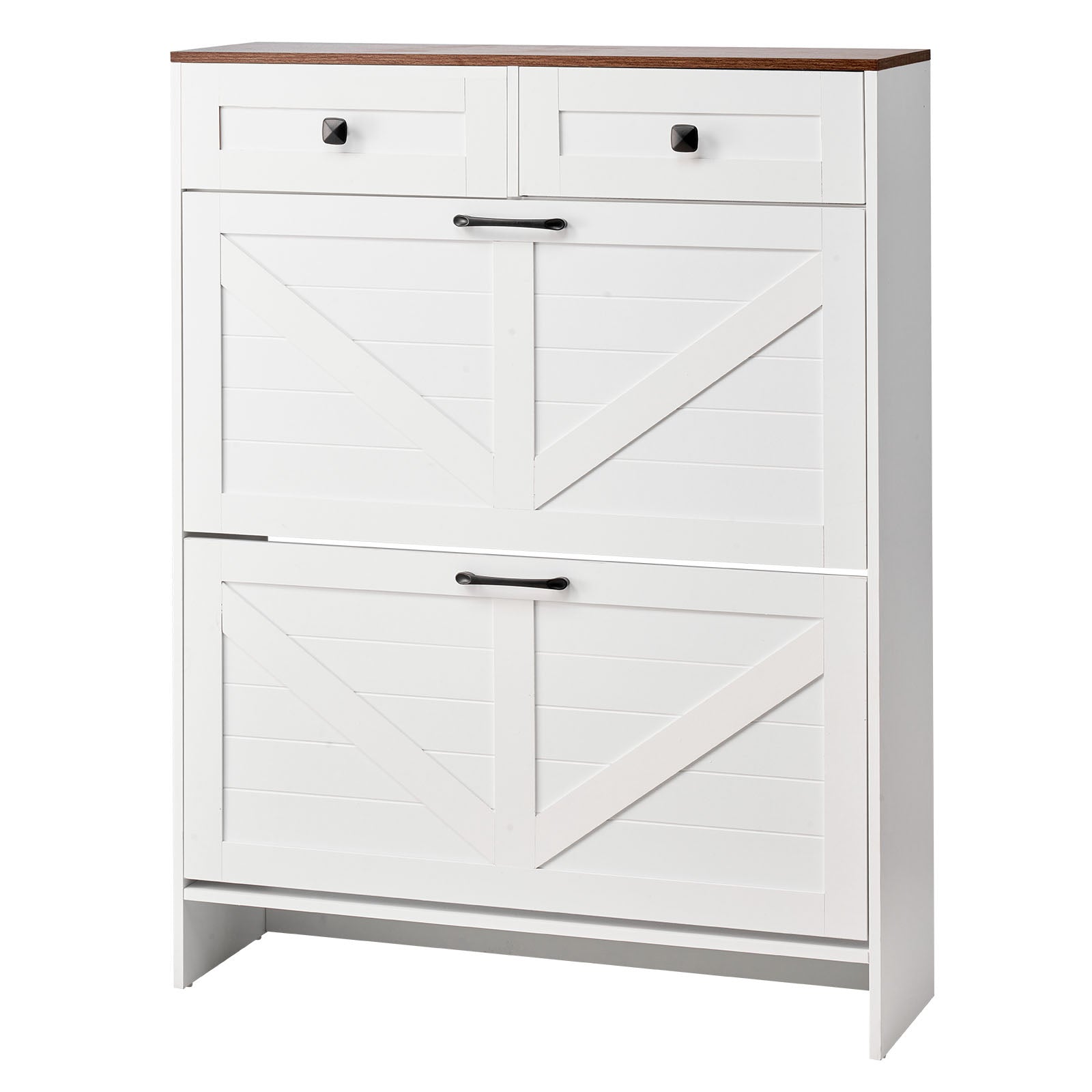 White+Walnut Farmhouse Shoe Cabinet - 2 Drawers, Storage Organizer