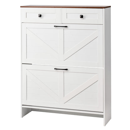White+Walnut Farmhouse Shoe Cabinet - 2 Drawers, Storage Organizer