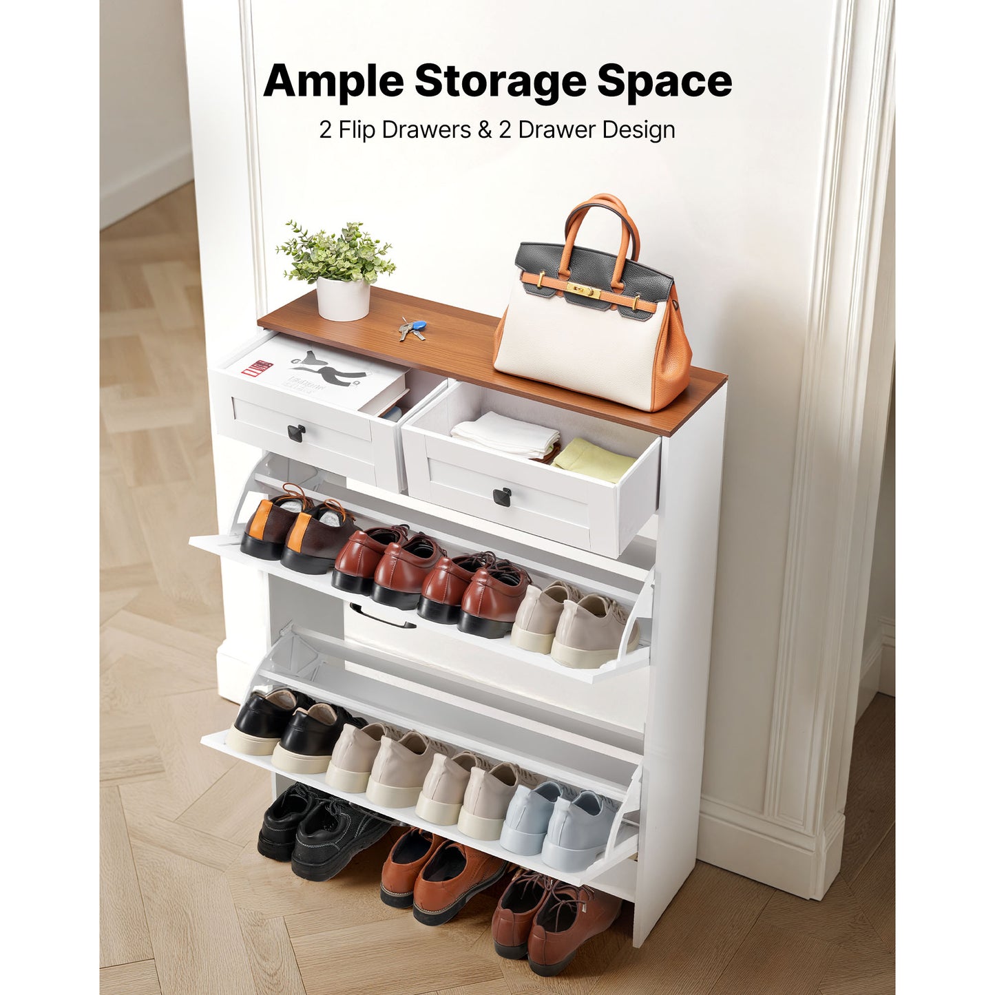 White+Walnut Farmhouse Shoe Cabinet - 2 Drawers, Storage Organizer