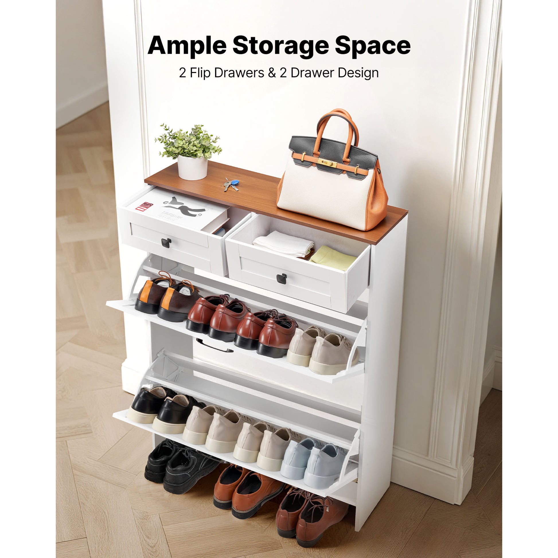 White+Walnut Farmhouse Shoe Cabinet - 2 Drawers, Storage Organizer