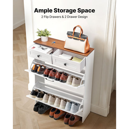 White+Walnut Farmhouse Shoe Cabinet - 2 Drawers, Storage Organizer