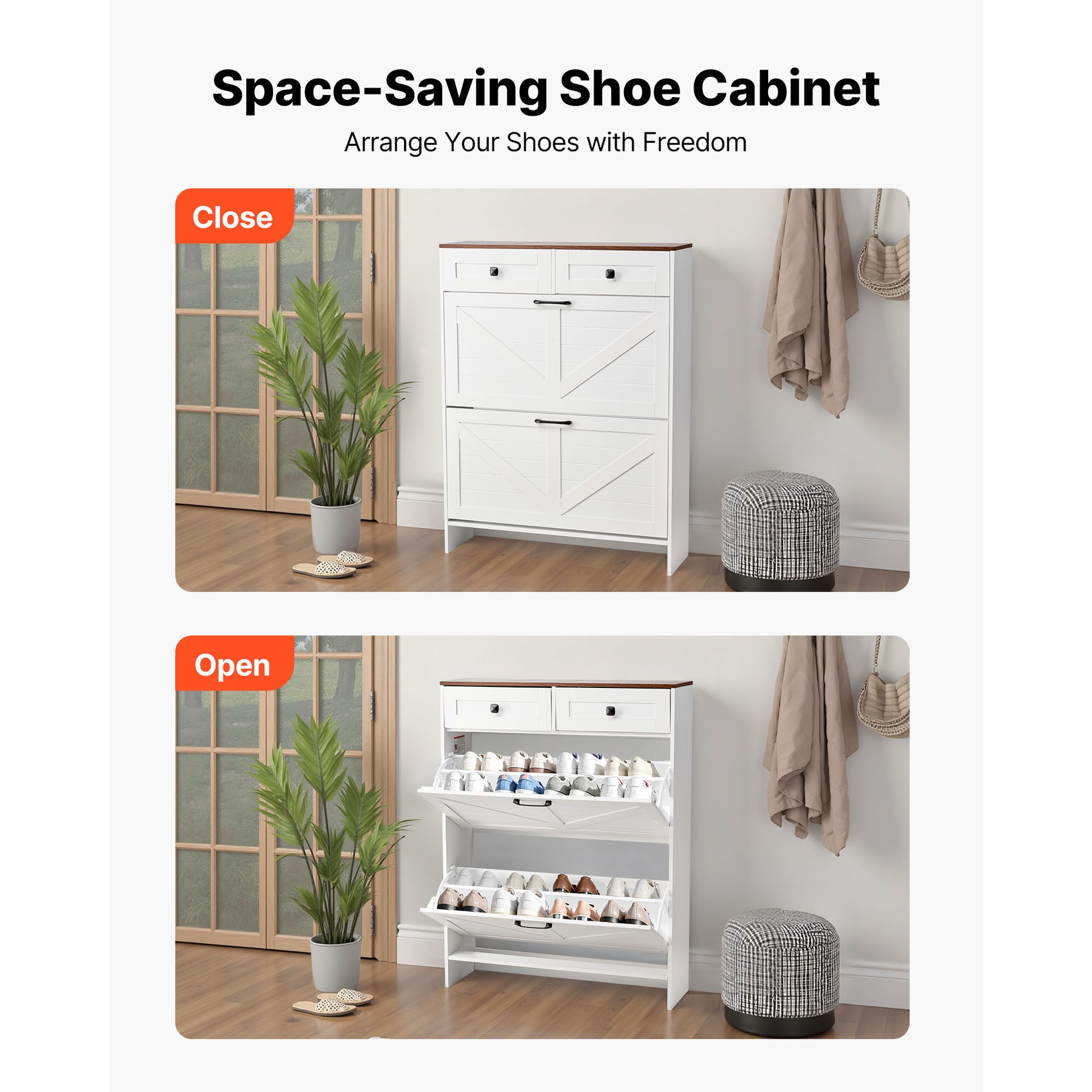 White+Walnut Farmhouse Shoe Cabinet - 2 Drawers, Storage Organizer