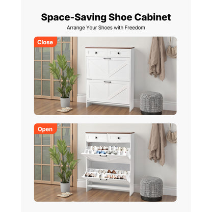White+Walnut Farmhouse Shoe Cabinet - 2 Drawers, Storage Organizer